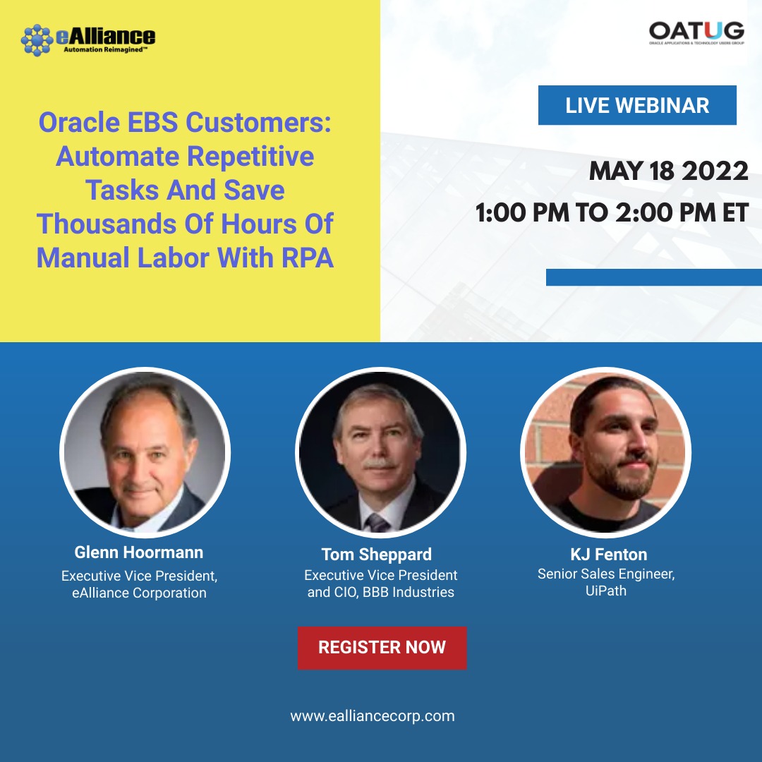 ealliancecorp's tweet photo. Find out how you can resolve typical ERP challenges, saving hundreds of hours on repetitive, time consuming transactions while also improving data integrity.

Join for Live Webinar on May 18 at 1 pm. ET

Register @ https://t.co/tvtseRqPsv

#RPA #Oracle #ERP #UiPath #Automation https://t.co/HIqafh9IMQ