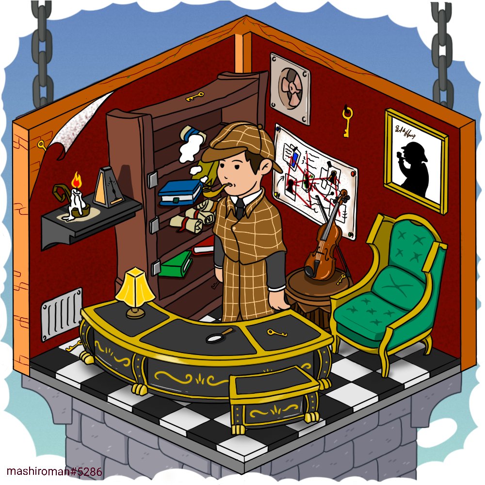 modalmainnft's tweet photo. "sherlock holmes room" about 1 day I look for ideas and 1 day for designs.

what distinguishes it from other art is that there is a small game that I make. 

Help Sherlock Holmes find 6 keys to solve the murder puzzle!

Hope you like it sir @communi3_io https://t.co/94XvfOLNeL