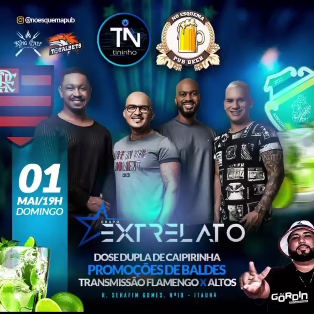 DOMINGO DO TRABALHADOR É DIA DE EXTRELATO AO VIVO NA CHOPERIA NO ESQUEMA PUB
 🔊🍹🍺🔥⚽
TRANSMISSÃO AO VIVO DE FLAMENGO X ALTOS LOGO EM SEGUIDA ESSE PAGODAÇO PARA FESTEJAR O DIA DO TRABALHADOR ‼️‼️
🍺🍹NO ESQUEMA PUB 🍹🍺
Rua Serafim Gomes 10 Itaúna-SG