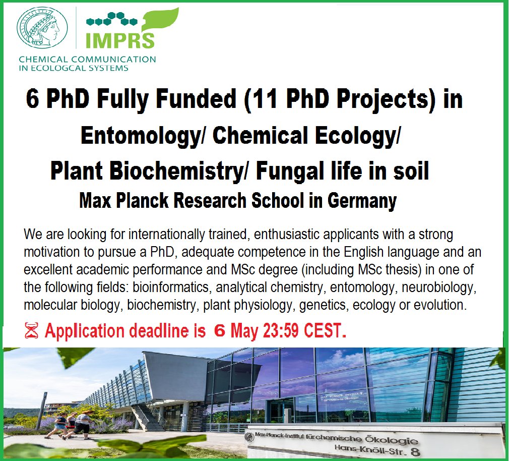 agristok's tweet photo. 📣 6 PhD Fully Funded (11 PhD Projects) in Entomology/ Chemical Ecology/ Plant Biochemistry/ Fungal life in soil🌱🪲🦠🧬 at The Max Planck Research School in Germany🇩🇪.Please Retweet⏲️ and spread the word! For details visit the link below👉 https://t.co/LBO9YmpftW via @agristok https://t.co/DJIwW9mo3m