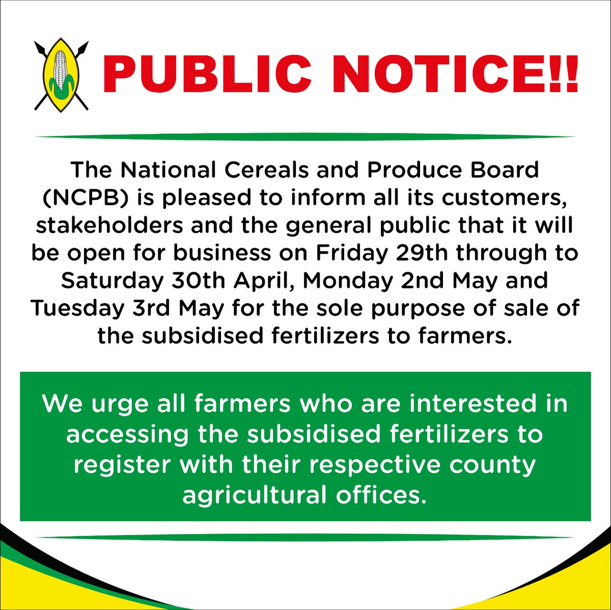HudumaPoa's tweet photo. We will be open on Public Holidays.
#NCPB #NCPBRefroms https://t.co/rKl5z85GEE