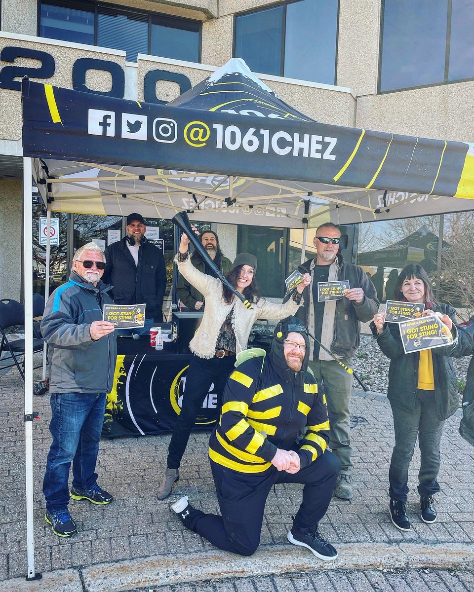 1061CHEZ's tweet photo. They GOT STUNG FOR STING!! We don’t know what you were expecting, Jamie the “jenius” was in charge 🐝 He REALLY committed to the character… PLUS everyone’s going to Sting at the CTC on May 4th 🤘
.
.
.
#sting #chez106 #ottawa https://t.co/UnYXPfBbdS