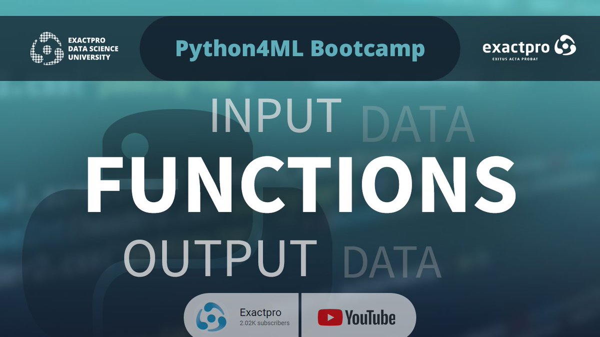 exactpro's tweet photo. #Functions in Python – watch Session 7 of the Python4ML Bootcamp and subscribe to the
@exactpro YouTube channel to see more videos: https://t.co/nYkTkEmilb
#exactpro #DataScience #ExactproDataScienceUniversity #IT #SoftwareDevelopment #SoftwareTesting #Python https://t.co/R8tKr6UxO3