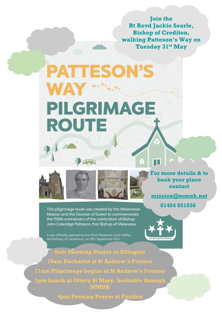 PilgrimageDevon's tweet photo. On Tuesday 31st May, you are invited to join the team at @MelanesianM in walking Patteson's Way, a circular pilgrimage route from Feniton via Ottery St Mary. Booking details below 👇 https://t.co/zh2DmCpAeq