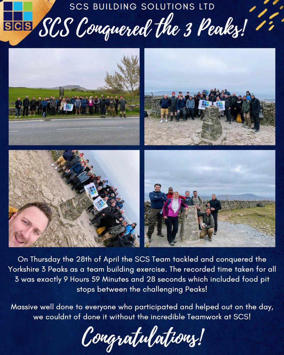 On Thursday the 28th of April the SCS Team tackled and conquered the Yorkshire 3 Peaks as a team building exercise. The recorded time taken for all 3 was exactly 9 Hours 59 Minutes and 28 seconds which included food pit stops between the challenging Peaks!
#TeamBuilding
