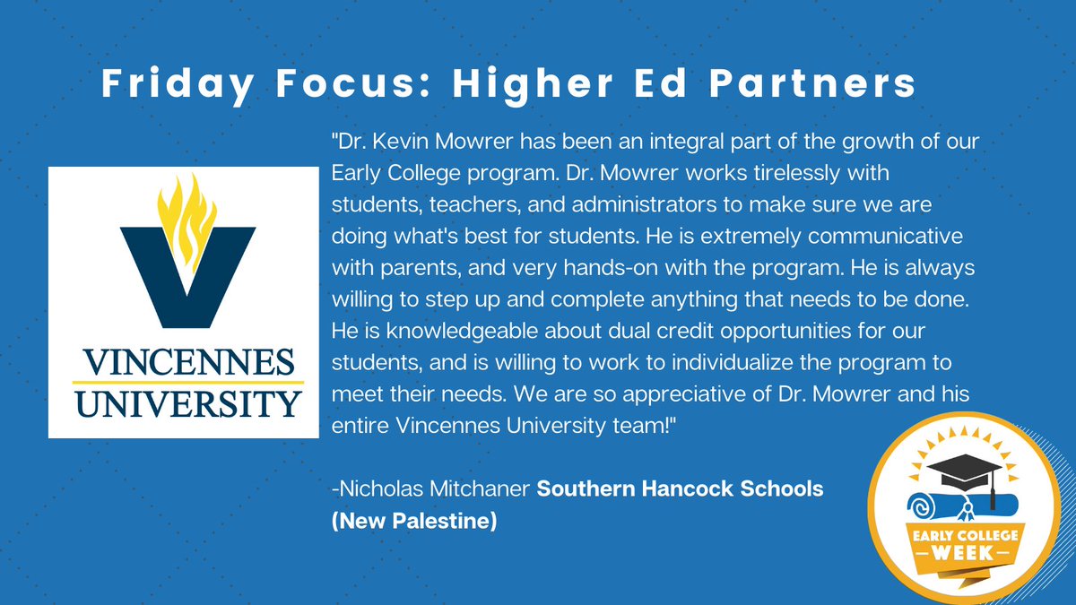 CELLuindy's tweet photo. Join us in celebrating our Higher Ed partners! ๐ "Dr. Kevin Mowrer has been an integral part of the growth of our Early College program. Dr. Mowrer works tirelessly with students, teachers, and administrators." @VoelzJames @PMHS_Principal @CenterGroveHS @VincennesU #ECWeek https://t.co/0J1V8l1OlM