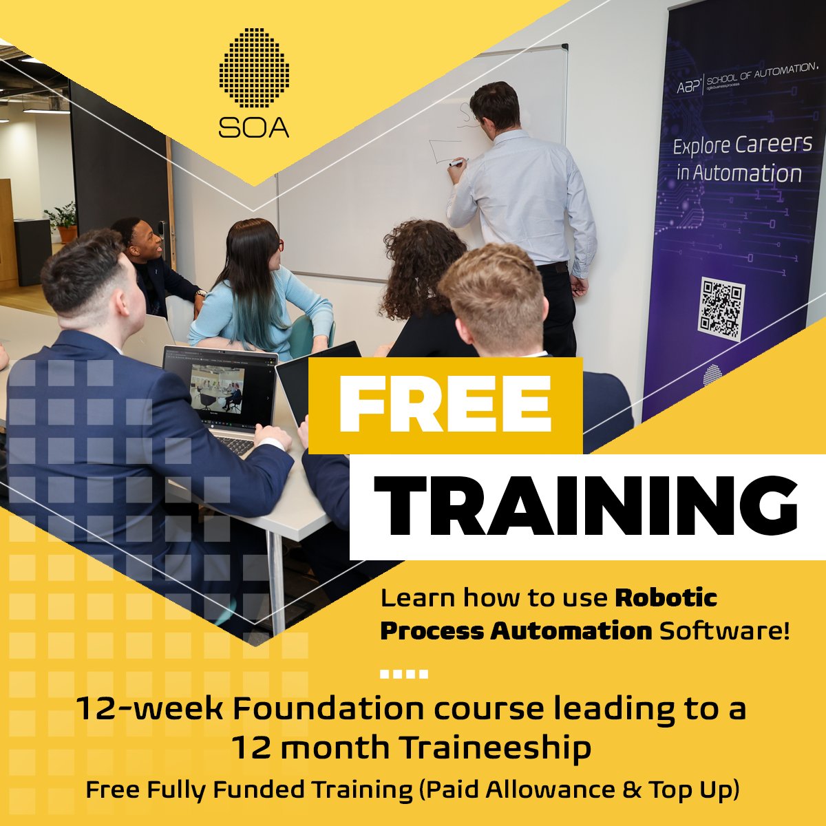 SOA_2020's tweet photo. ❓Are you interested in a career in technology?
❓Do you live in Ireland?
🤖 Join our free 12- week training program 
🔜 Apply here - https://t.co/E6kbG9Zfss
* The average salary for an RPA Developer is €38,882 per year in Dublin#career #developer #training   @LimClareETB https://t.co/JiqmNxnvzW