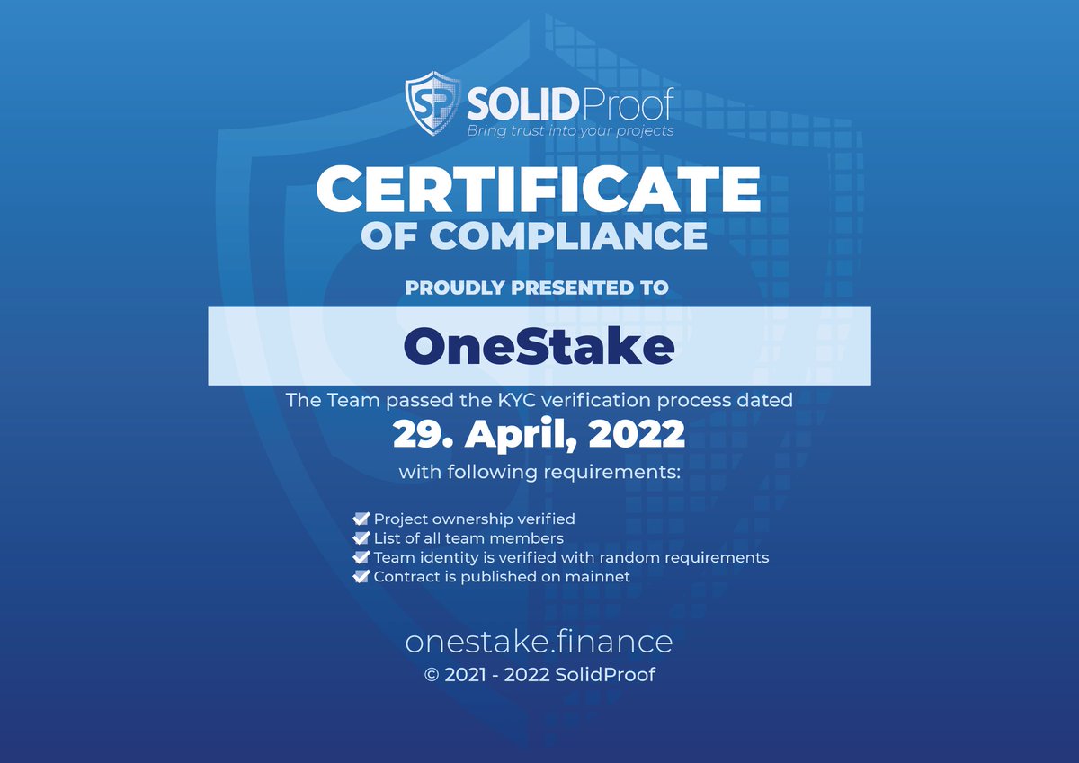 onestake_dao's tweet photo. @OneStake successfully passed #KYC with german audit firm @SolidProof_io🥳😎 https://t.co/hIfozdtuHu