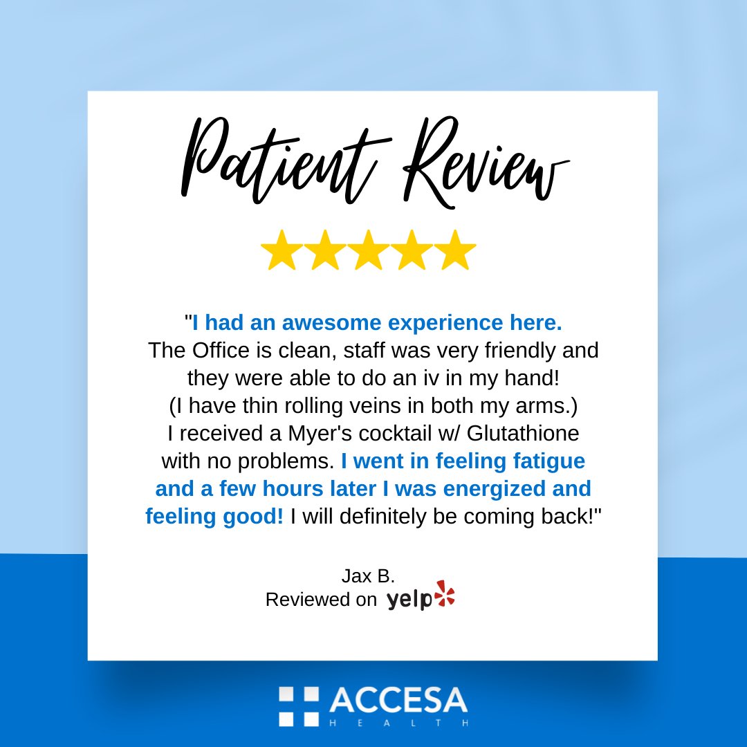 AccesaHealth's tweet photo. ⭐We love getting our patients back to feeling their best! Are you feeling fatigue? Visit us for a reviving IV treatment today.
#accesahealth #clinic #iv #ivtherapy #vitaminshot #healthcare #california #southbay #torrance #review #health #glutathione #myers https://t.co/wPM2fv5V2E
