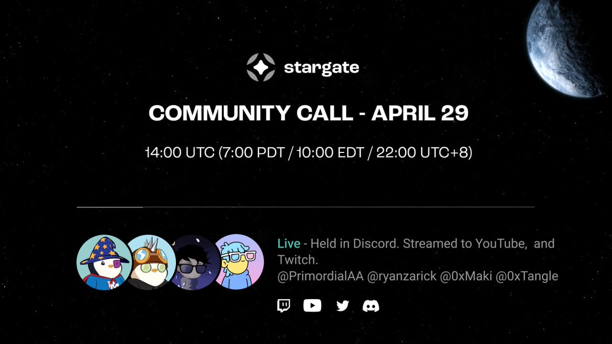StargateFinance's tweet photo. Join us for the Stargate Community Call live now in the Stargate Discord “STAGE | GATE” channel. 

We will also be discussing the proposals that have been posted on https://t.co/9MRuNeTVCz https://t.co/fYos10xxui