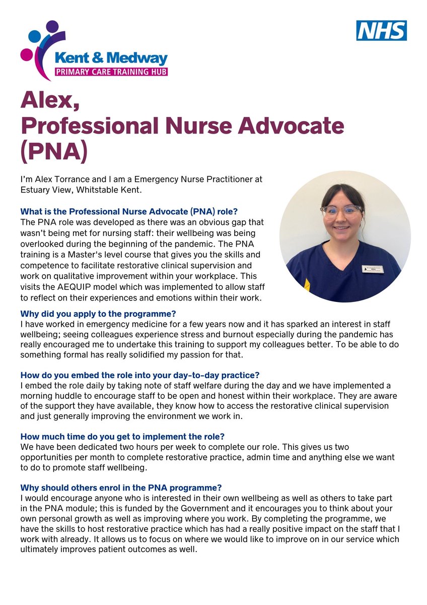 Professional Nurse Advocates (PNAs) support their fellow colleagues &amp; lead and deliver quality improvement initiatives👩🏽‍⚕️👏

Meet Alex, she applied for the programme after seeing her colleagues experience stress during the pandemic.

northkenttraininghub.nhs.uk/post/professio…
Find out more👇
