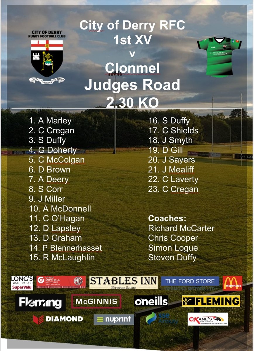 CityOfDerryRFC's tweet photo. Our 1stXV need to overturn a 16 point deficit to remain in senior rugby against @ClonmelRFC . Get down tomorrow half 2 to Judges road to cheer on the boys in what is a massive game for the entire club 🟢⚫️ https://t.co/zpYyD7tgK7