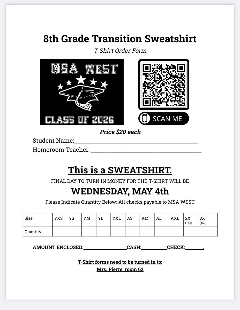 Mrs_C_MSA's tweet photo. More 8th grade info!!
Attached is the crossover sweatshirt order form. This is also posted in classroom. Copies will be available in the mailbox outside Mrs. Colclough’s door. Money and forms are due to either Mrs. Colclough or Mrs. Pierre by Wednesday 5/4! @msa_w https://t.co/hsp9r6Ldnl