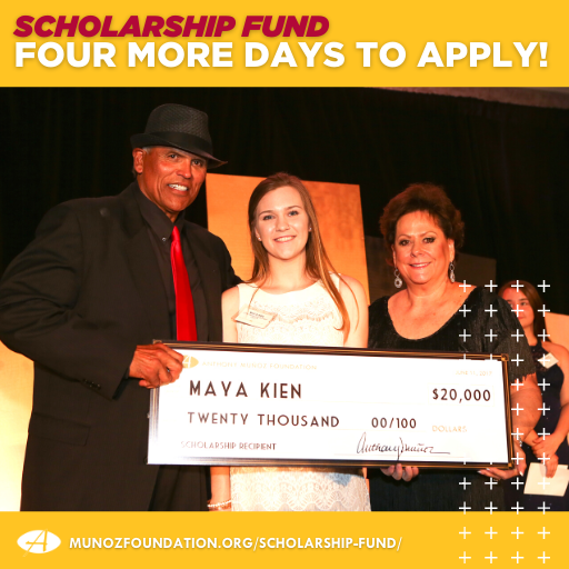 MunozFoundation's tweet photo. (1/3) Tri-State area seniors - the countdown is on to the Scholarship Fund deadline! You have FOUR DAYS left to submit your application for this $20,000 scholarship opportunity. #AMFScholars https://t.co/exqWZuJ2Ru
