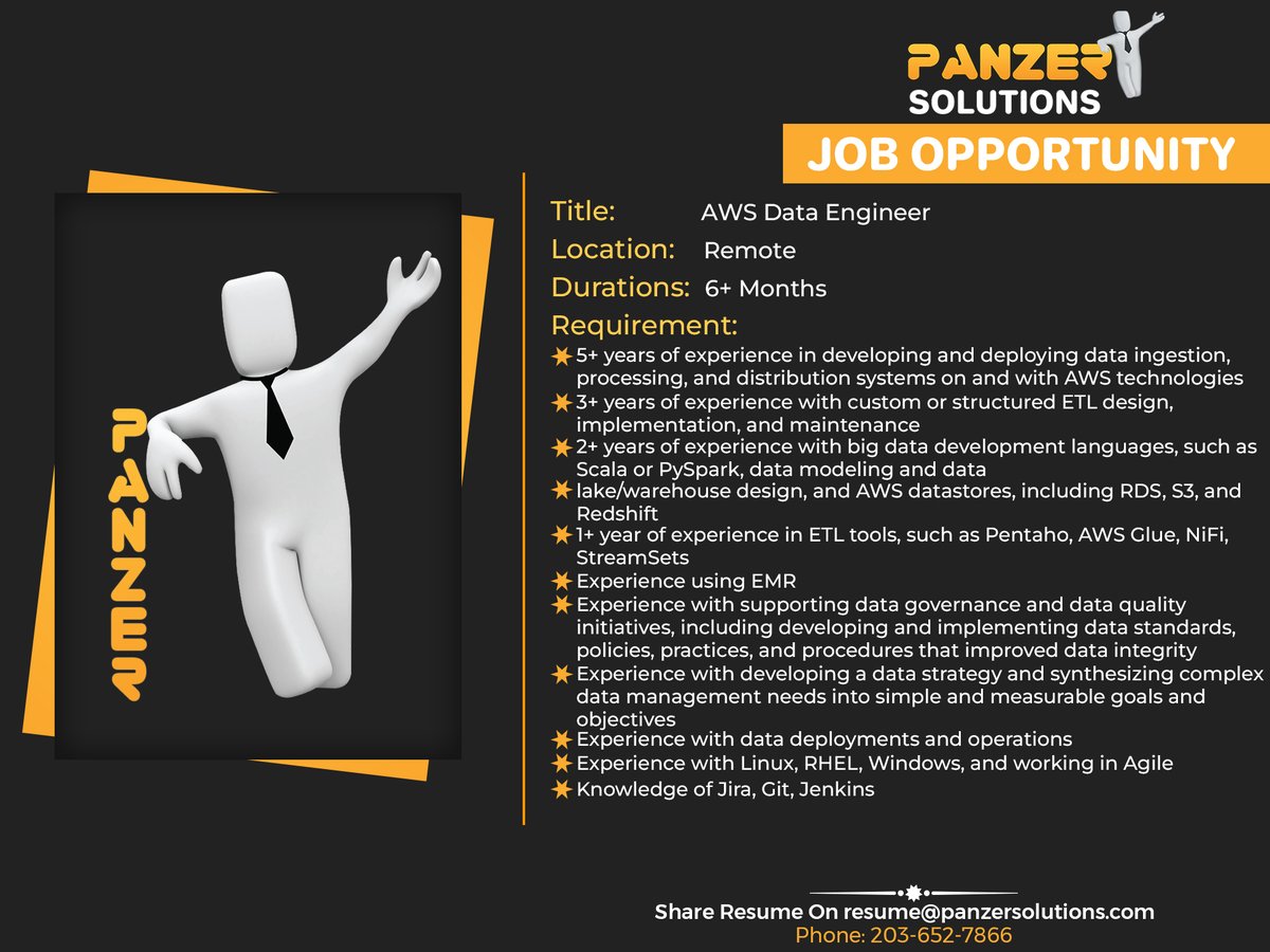 panzersolution's tweet image. Job Title: AWS Data Engineer
Location: Remote
Duration: 6+ Months
Share resumes on resume@panzersolutions.com
Or for more info click on the below link
Click Here: panzersolutions.com
#PanzerSolutions #AWSDataEngineer #AWS #DataEngineer #engineer #latestjob #jobs