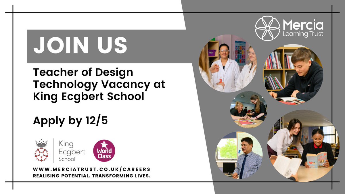 The Governors of King Ecgbert School are seeking to appoint a highly skilled and talented 1FTE Teacher of DT with a specialism in Food and Nutrition to join our DT department in this system leading school at the heart of Mercia Learning Trust.
merciatrust.co.uk/blog/?pid=198&…