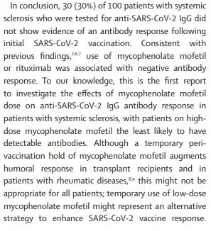 NEW Comment by <a href="/RachelWallwork/">Rachel Wallwork, MD</a>
 and colleagues <a href="/jhrheumatology/">Johns Hopkins Rheumatology</a>—Effect of #mycophenolate mofetil dose on antibody response following initial SARS-CoV-2 vaccination in patients with #SystemicSclerosis thelancet.com/journals/lanrh… #LancetRheumatology <a href="/JuliePaikMD/">Julie J. Paik</a> @CaoilfhionnMD