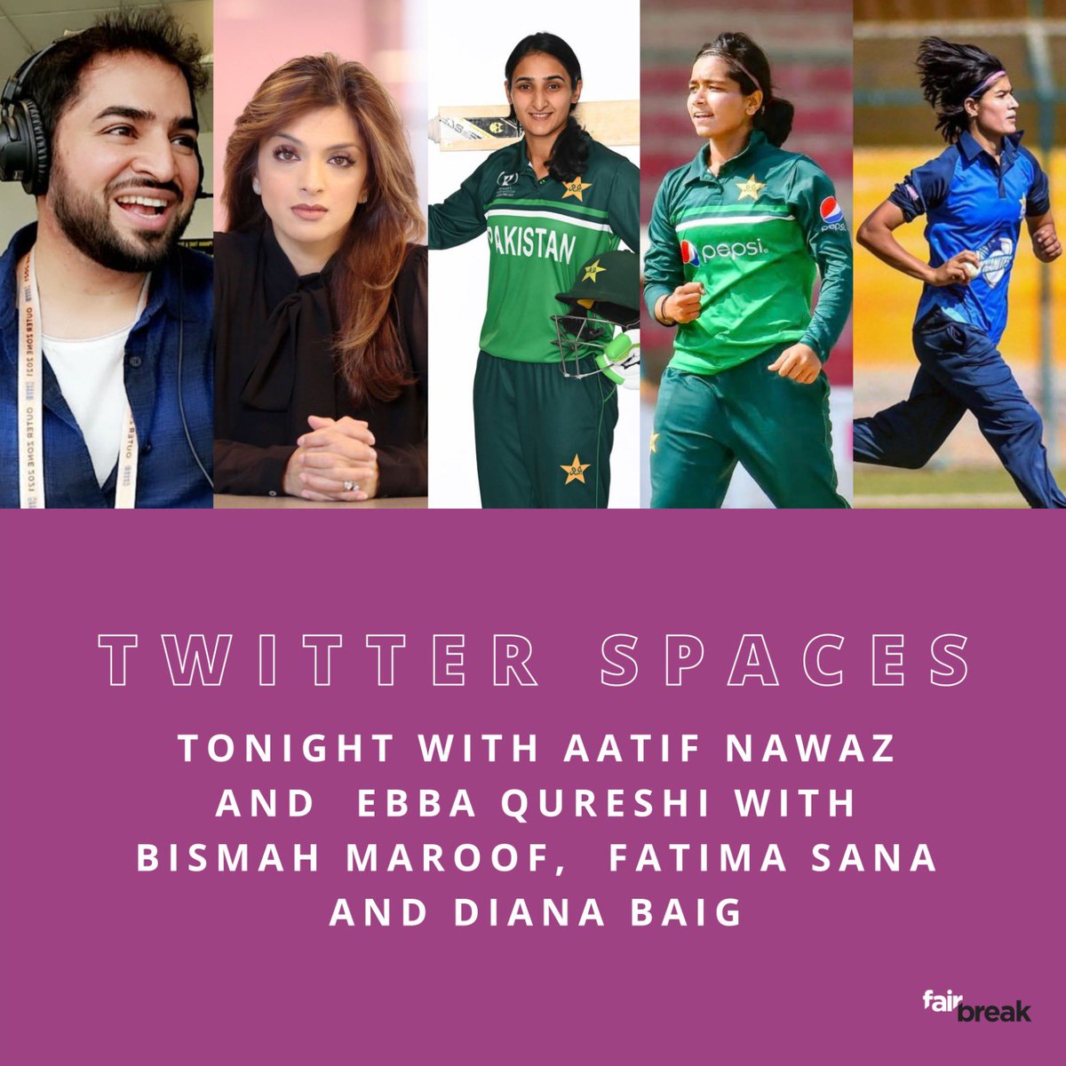 🚨 Twitter spaces tonight with @AatifNawaz and yours truly ! with FairBreak players @maroof_bismah, @baig_diana & @imfatimasana 🚨 Today 29th April, 7pm GMT (11pm PST and 10pm GST). 🎙 Tune in to discuss women's cricket and speak to your favourite stars.