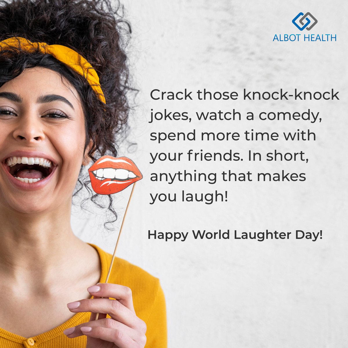AlbotHealth's tweet photo. When was the last time you laughed? This is a reminder to stop whatever you are doing, take a break and laugh. It comes with more benefits than you can count. Happy World Laughter Day!

#WorldLaughterDay #laughteristhebestmedicine #AlbotHealth #Laugh #healthbenefits https://t.co/Rxh8K5vccr