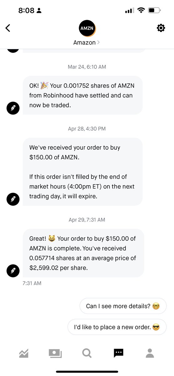 Yes - I did buy $150 of $AMZN during the fire sale yesterday. Also yes you could say I’m a bit of an expert.

But for real though…. Who is building the #Web3 equivalent where a chat bot follows up on my previous transaction and gives me more details!

This. Needs. To. Happen.