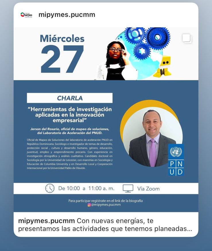 InkaMattila's tweet photo. ¿El #martes #estasemana gracias a la invitación de @pucmyc @CentroMipymes  abrimos desde @PNUDRD junto con socios la 4ta Semana de la Innovación y PI- y presentes toda la semana desde @UNDPAccLabs @pnud! @deljersond @JenniTaveras https://t.co/Xq61axIhbc