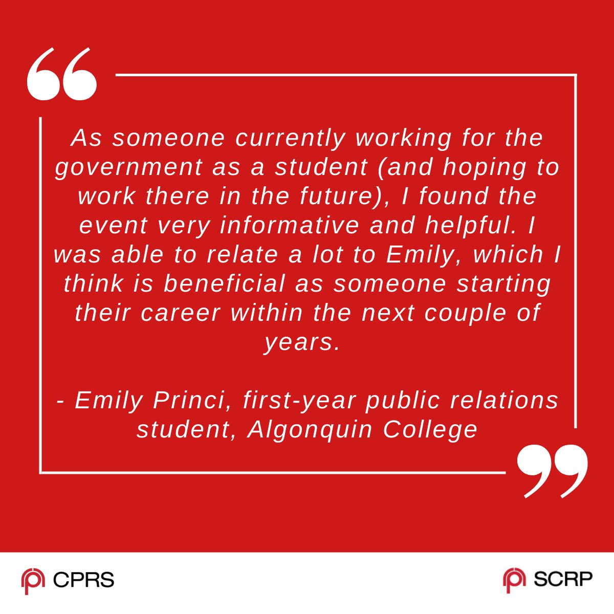 1/2 - Thank you to <a href="/PREmilyR/">Emily Robertson</a>, junior communications officer at Health Canada, for helping kick off the new CPRS “A Day in the Life” event mini-series geared to students and new practitioners.

Here’s what one participant had to say:
