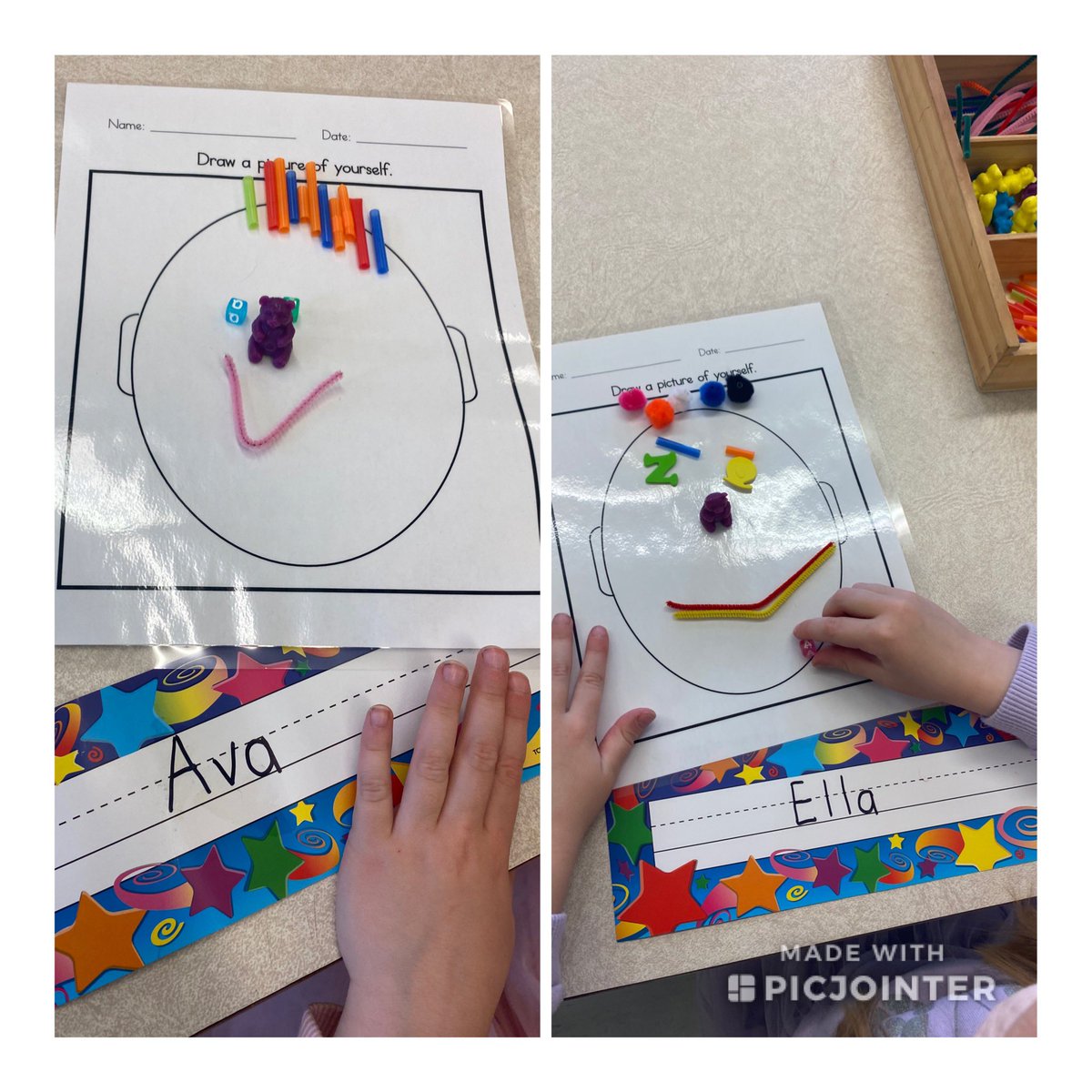 CharleneHillier's tweet photo. Portrait Creations with Loose Parts @SJAjags @NLESDCA #kinderstart https://t.co/g75IC210vZ