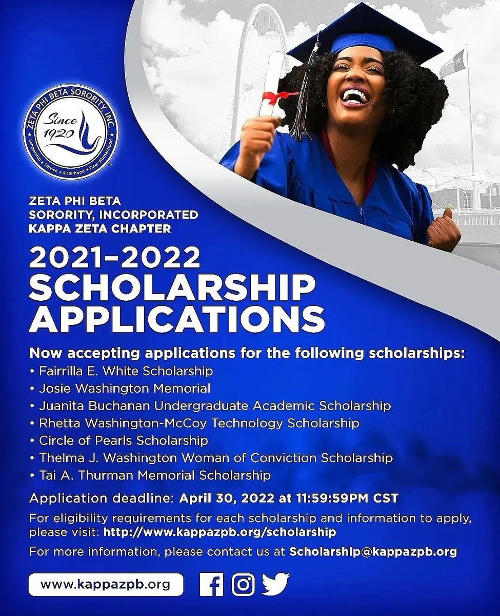 Applications are now open for the 2021-2022 Kappa Zeta Chapter Scholarships. The deadline for submission is April 30, 2022, at 11:59:59 pm. For eligibility criteria and submission details, please visit kappazpb.org/scholarship.

#ZPhiB #GreaterDallasZetas #DallasScholarships