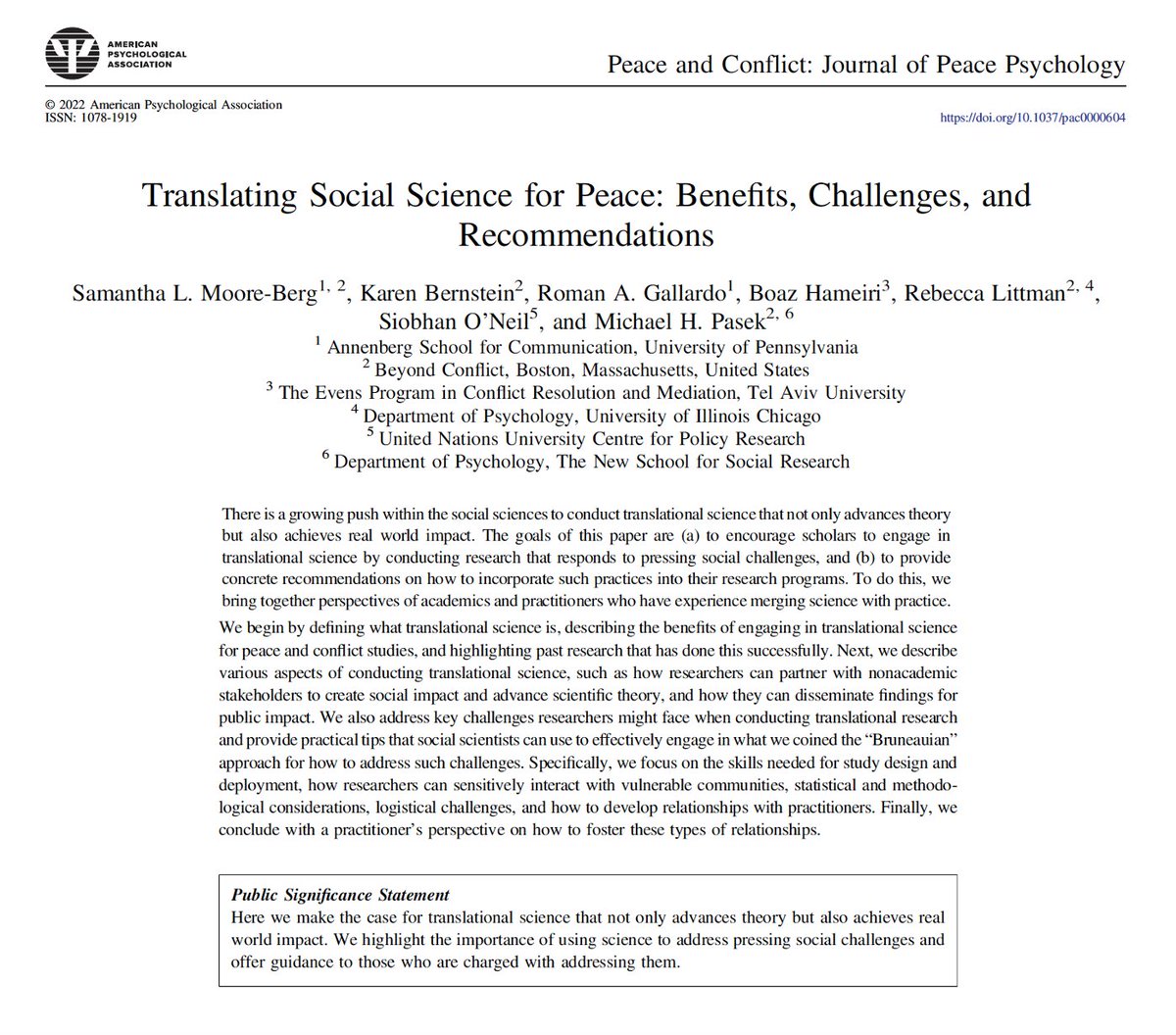 🚨New paper!🚨Now published in <a href="/PAC_journal/">Peace and Conflict: Journal of Peace Psychology</a>. We make the case for translational science that advances theory &amp; achieves real world impact. We discuss the importance of using science to address pressing social issues &amp; offer guidance on how to do it. tinyurl.com/n5pmse3v 1/6