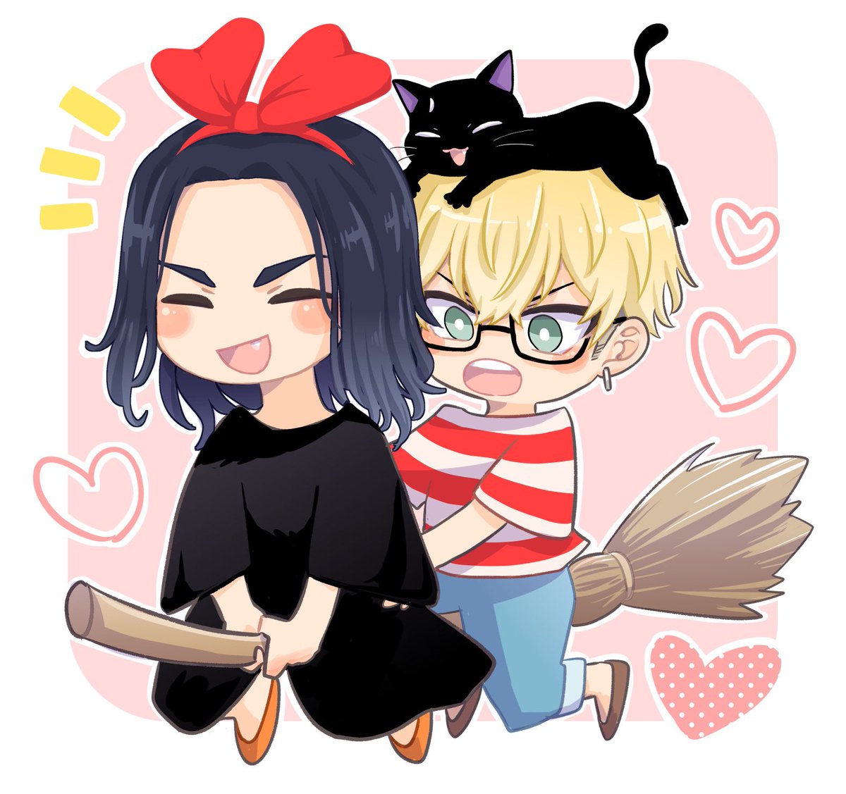 kiki (majo no takkyuubin) black hair multiple boys broom blonde hair cat broom riding 2boys  illustration images