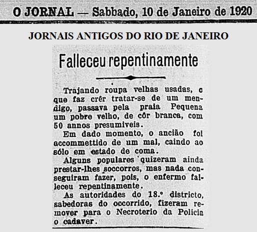 RioSuburbio's tweet photo. Falleceu repentinamente um pobre velho, ancião, de presumíveis 50 annos, na Praia Pequena, região de Benfica. 

Deu no O Jornal de sábado, 10 de janeiro de 1920.

Curta @RioSuburbio 
@FBN 

#Rio #jornaisantigos #JARJ #news https://t.co/Rr4aHJgGsq