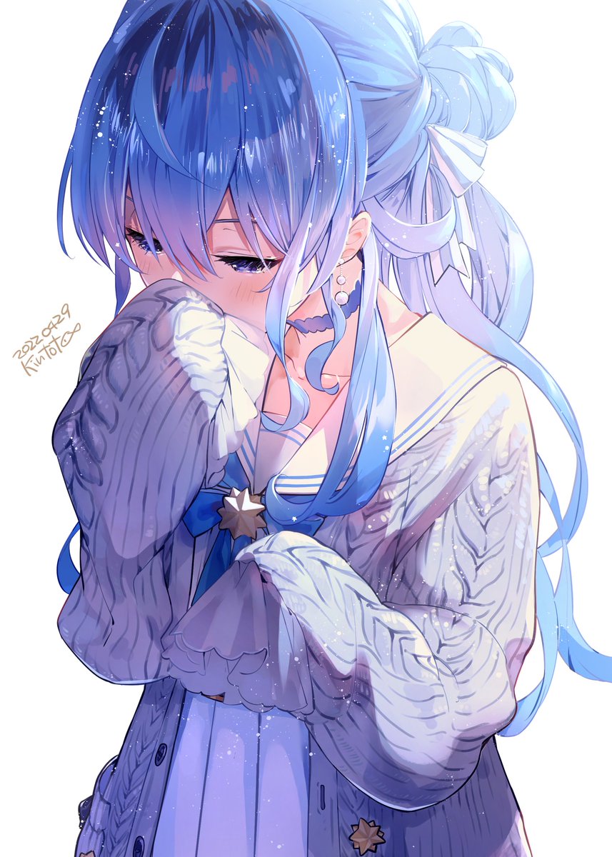 hoshimachi suisei 1girl solo blue hair cardigan blue eyes grey cardigan long hair  illustration images