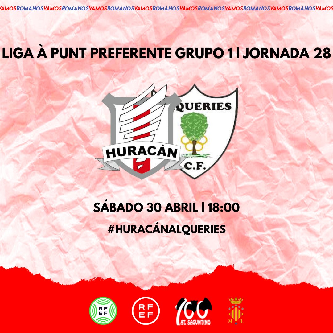 AtcoSaguntino's tweet photo. 𝐅𝐈𝐋𝐈𝐀𝐋

😉 El sábado por la tarde no hagáis planes

¡Nuestros chavales del @CF_Huracan quieren seguir soñando con el playoff de ascenso a #TerceraRFEF! ⚔️👹

Una victoria 🆚 @alqueriescf impulsaría mucho al equipo de @DavidMister30 🤩

¡A por todas! 💪🏼 https://t.co/qK4cAwxFKu