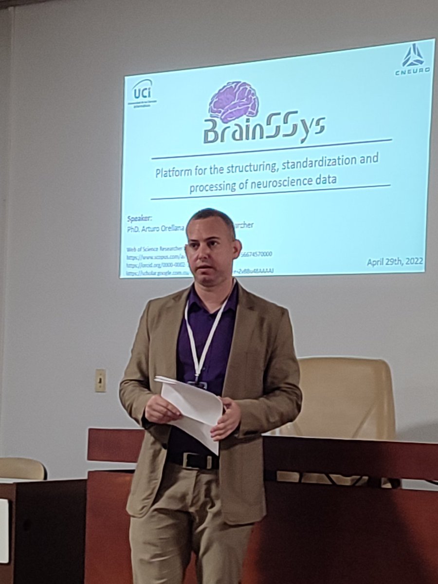 Liro_cu's tweet photo. El Dr. Arturo Orellana de @Xavia_Salud presenta en #BioHabana2022 el diseño de la plataforma #BrainSSys en desarrollo por estudiantes de la @universidad_uci. El proyecto pertenece Prog Nacional de I+D+i de #Neurociencias y #Neuroinformática en colaboración con el @cneuro_cuba https://t.co/KoHRHe31GR