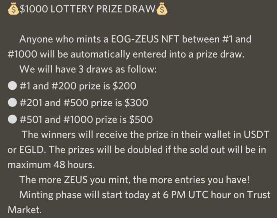⚡️Join Elrond Olympian Gods #community ⚡️

⚡️ZEUS OFFICIAL  LAUNCH⚡️
🕒6PM UTC

🌐 Website: elrondolympiangods.com

🛒 Marketplace: trust.market/buy/ElrondOlym…

💸1000$ #Giveaway for holders❤️
More #NFTs , more chances to win🏆

#NFTMarketplace #NFTCommunity #ElrondNetwork #EGLD