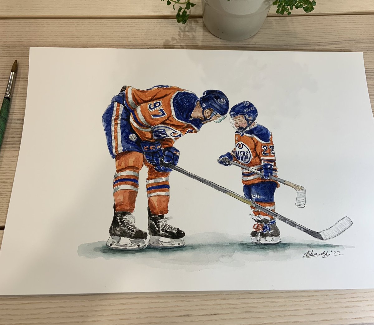 Here’s my latest watercolour of Ben &amp; Connor. The Oilers won 9 straight home games with Ben’s attendance. 
I’m inspired by the courage and bravery that he’s shown throughout his battle with cancer. Please share &amp; I hope he gets to see this painting!  🙏☺️
#goOilersGo