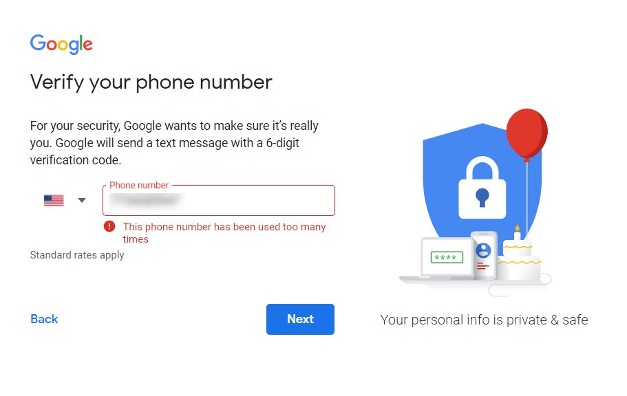 I went to open yet another Gmail account as I need access to another #GoogleAds MCC, and Google won't let me as 'This Phone has been used too many times'. What's the best way. Any workaround ideas without getting a new number (you can't use G voice numbers)?