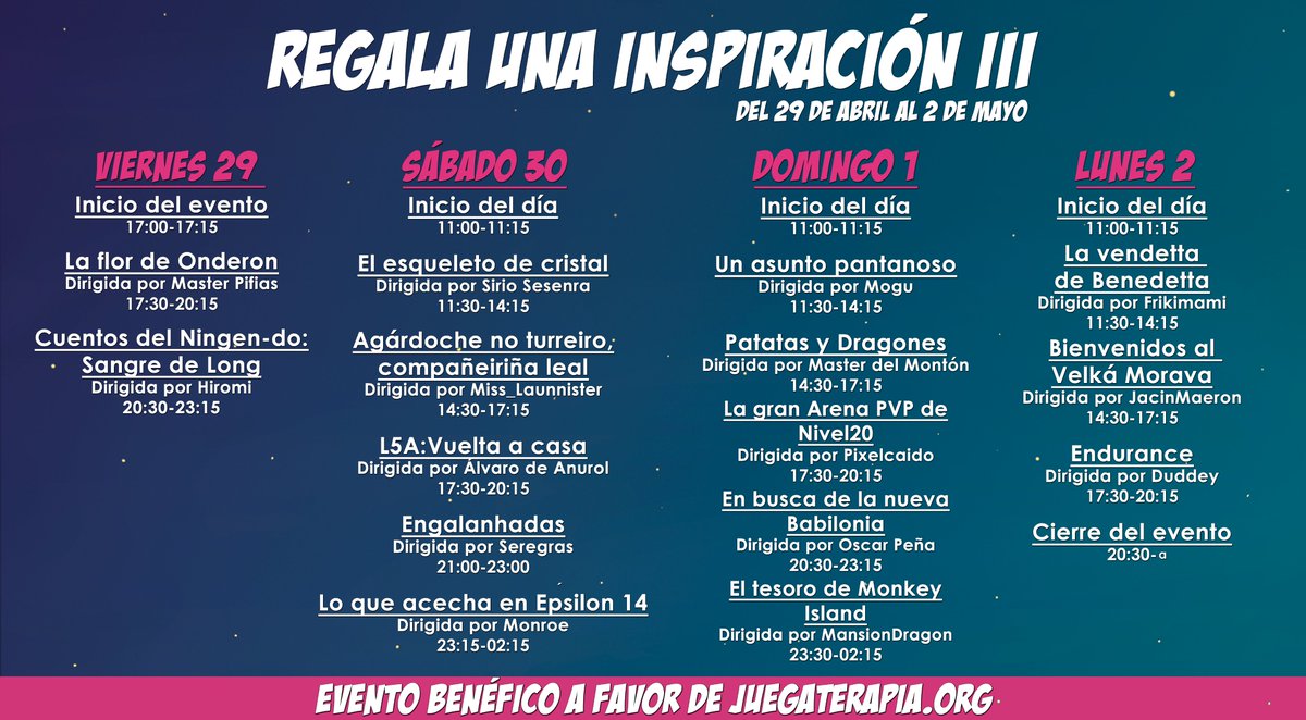 ¡ESTE ES EL TWEET!

Comienza #RegalaunaInspiracionIII, un evento de rol benéfico donde todo lo recaudado será a favor de <a href="/juegaterapia/">Fundación Juegaterapia</a>.

15 partidas, muchísimos sorteos y mucha diversión.

¿Dónde? ➡️twitch.tv/lamansiondeldr…

Es el momento del spam. ¿Llegaremos a los 200 RT´s?