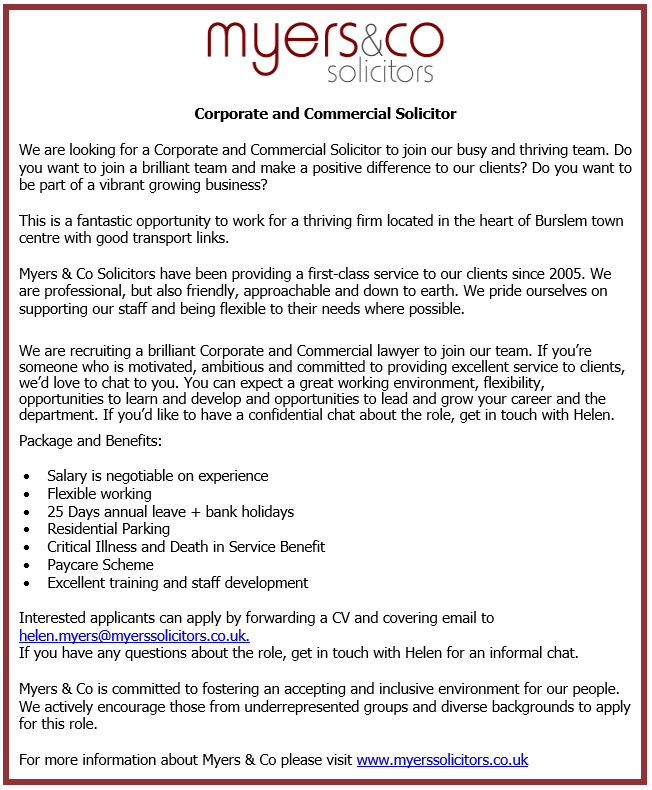 MyersandCo's tweet photo. Our #businesslaw team are looking for a solicitor to help grow the department. If you’re motivated, ambitious and committed to providing excellent service to clients, we’d love to chat to you:
https://t.co/aKdUTqcVvZ

#Vacancy #StokeonTrent #lawjobs #lawcareers https://t.co/Q5xtJ1gkcD