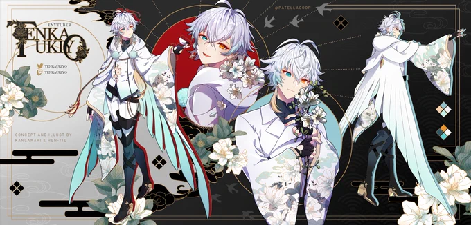 VTuber design &amp; ref sheet commission for @TenkaUkiyo by @patellacoop 🌼
Credits: art by kan &amp; me | layout by s.ay 