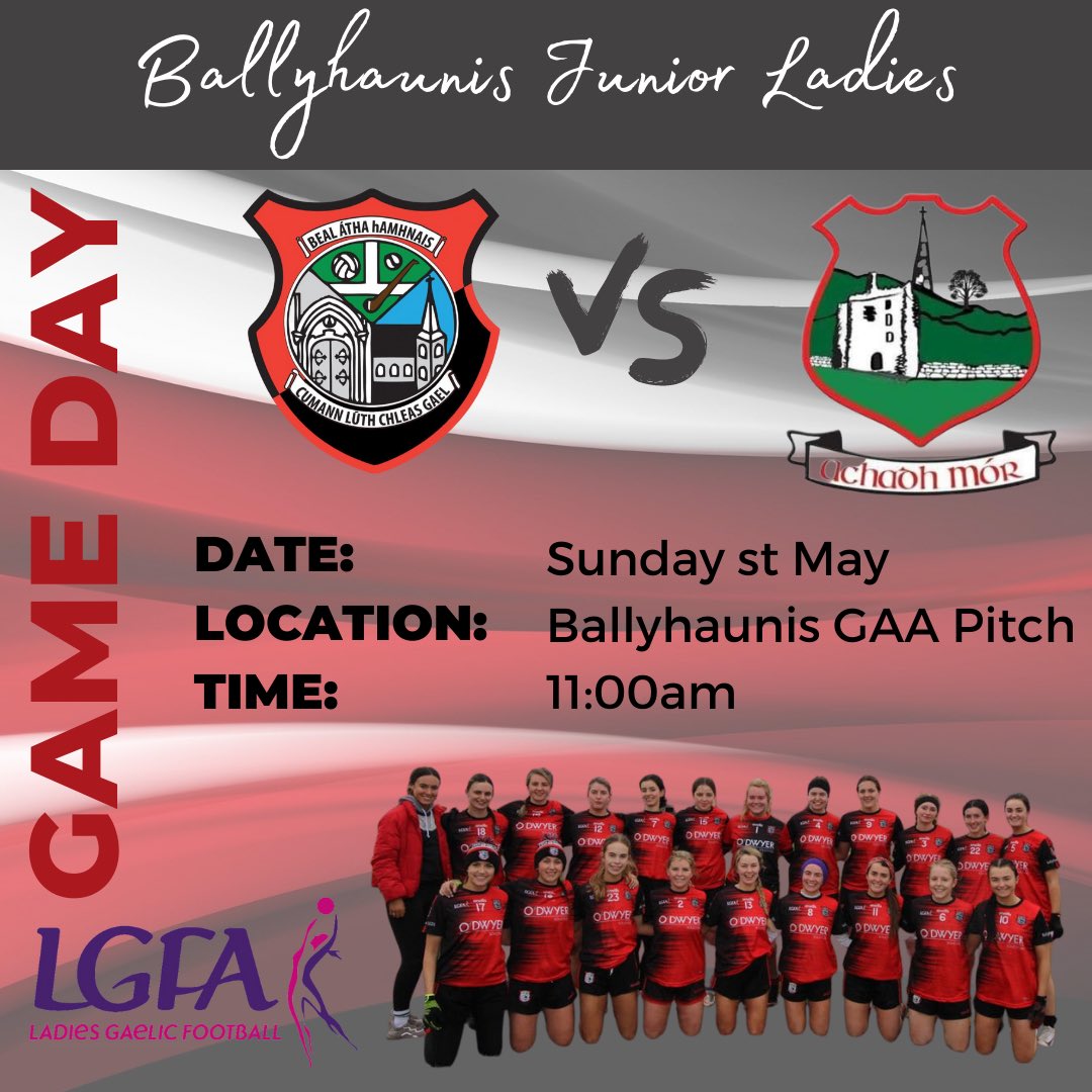 Ballyhaunis LGFA (@ballyhaunislgfa) on Twitter photo Big game this Sunday for our Junior ladies as they take on their neighbours from <a href="/aghamoregaa/">Aghamore GAA</a> in the Tara Ryan Memorial League⚫️🔴
🗓 Sunday 1st May
⏱ 11:00 am
📍 Ballyhaunis GAA Pitch
It is a home game for the girls, please support🙌🏻🏐 Big game this Sunday for our Junior ladies as they take on their neighbours from <a href="/aghamoregaa/">Aghamore GAA</a> in the Tara Ryan Memorial League⚫️🔴
🗓 Sunday 1st May
⏱ 11:00 am
📍 Ballyhaunis GAA Pitch
It is a home game for the girls, please support🙌🏻🏐