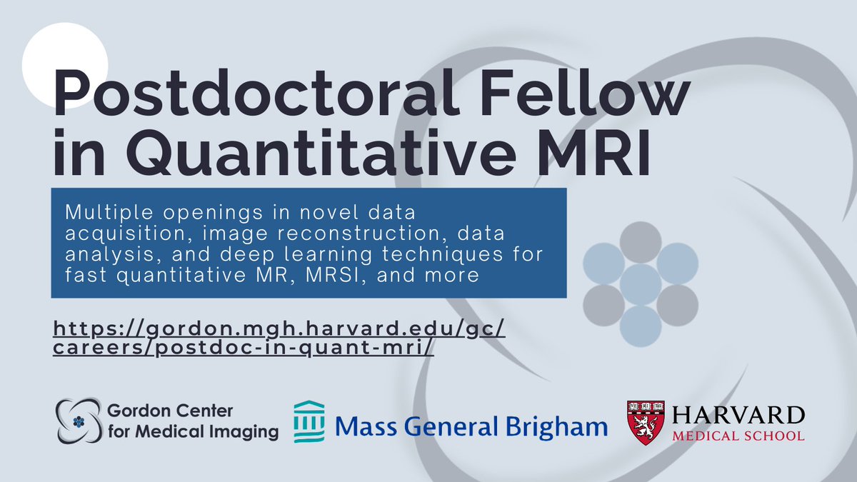 The Gordon Center for Medical Imaging at #MGH/#HMS has multiple openings at the postdoctoral level to work on novel data acquisition, image reconstruction, data analysis, and deep learning techniques for fast quantitative #MR, #MRSI, and more: gordon.mgh.harvard.edu/gc/careers/pos…
#Job
