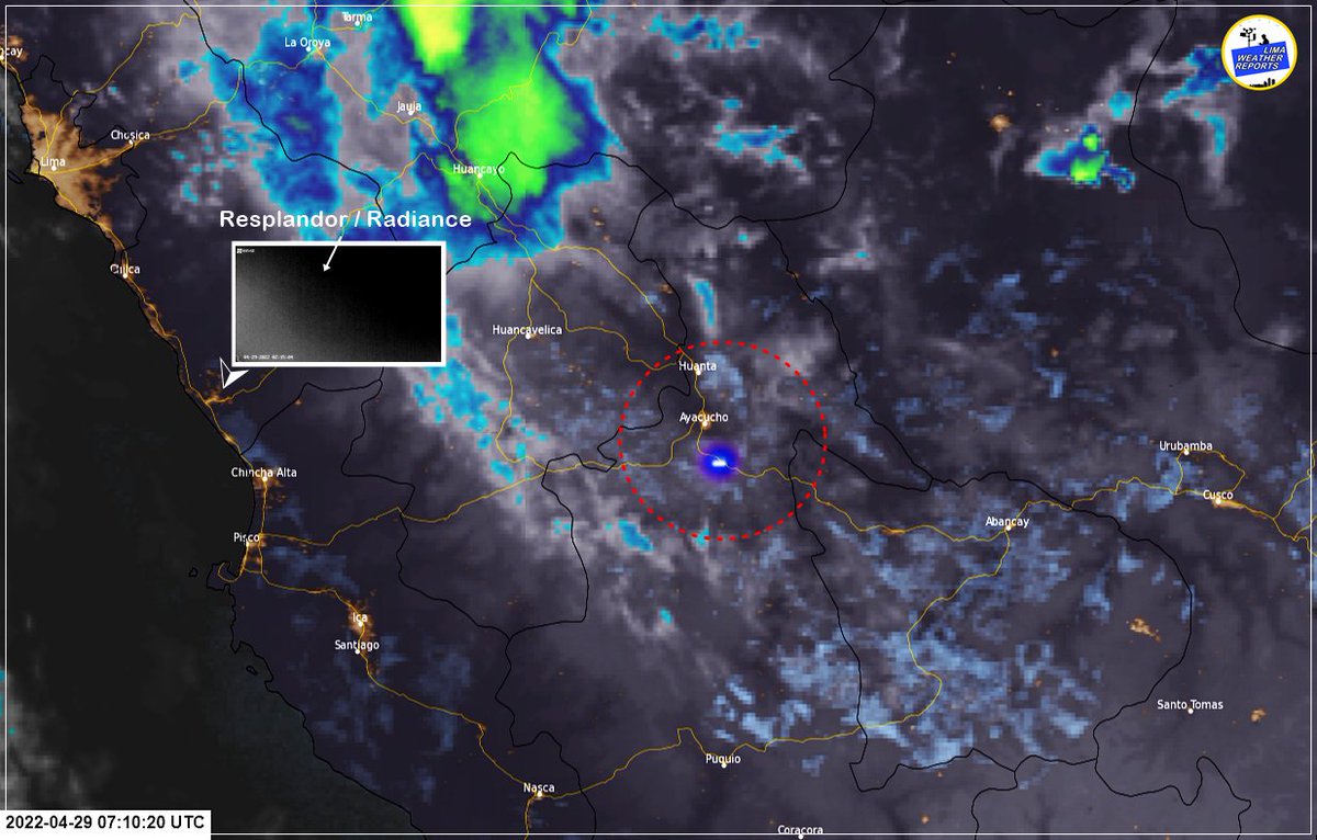 Asismet_IF's tweet photo. Se registró un #bólido/#fireboll💥al sur de la ciudad de #Ayacucho🇵🇪, se detectó a las 2:15 am.
Hay reportes del sonido de onda expansiva🔊 y registro del resplandor grabado desde Cañete.
Detectado por el sensor de rayos GLM/GOES-16.
#weather #Perú #meteoro #meteor @amsmeteors https://t.co/GdkE71lEHo