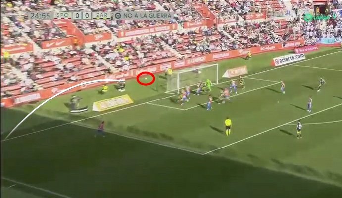 liga_profutbol's tweet photo. Debut en El Molinón y la primera en la frente, el portero se encuentra mal colocado y realiza una acción extraña que le impide despejar un balón sencillo, marcando el jugador zaragocista casi sin querer, pero con suficiente tiempo para reaccionar el #RealSporting https://t.co/9mwiw7dvb7