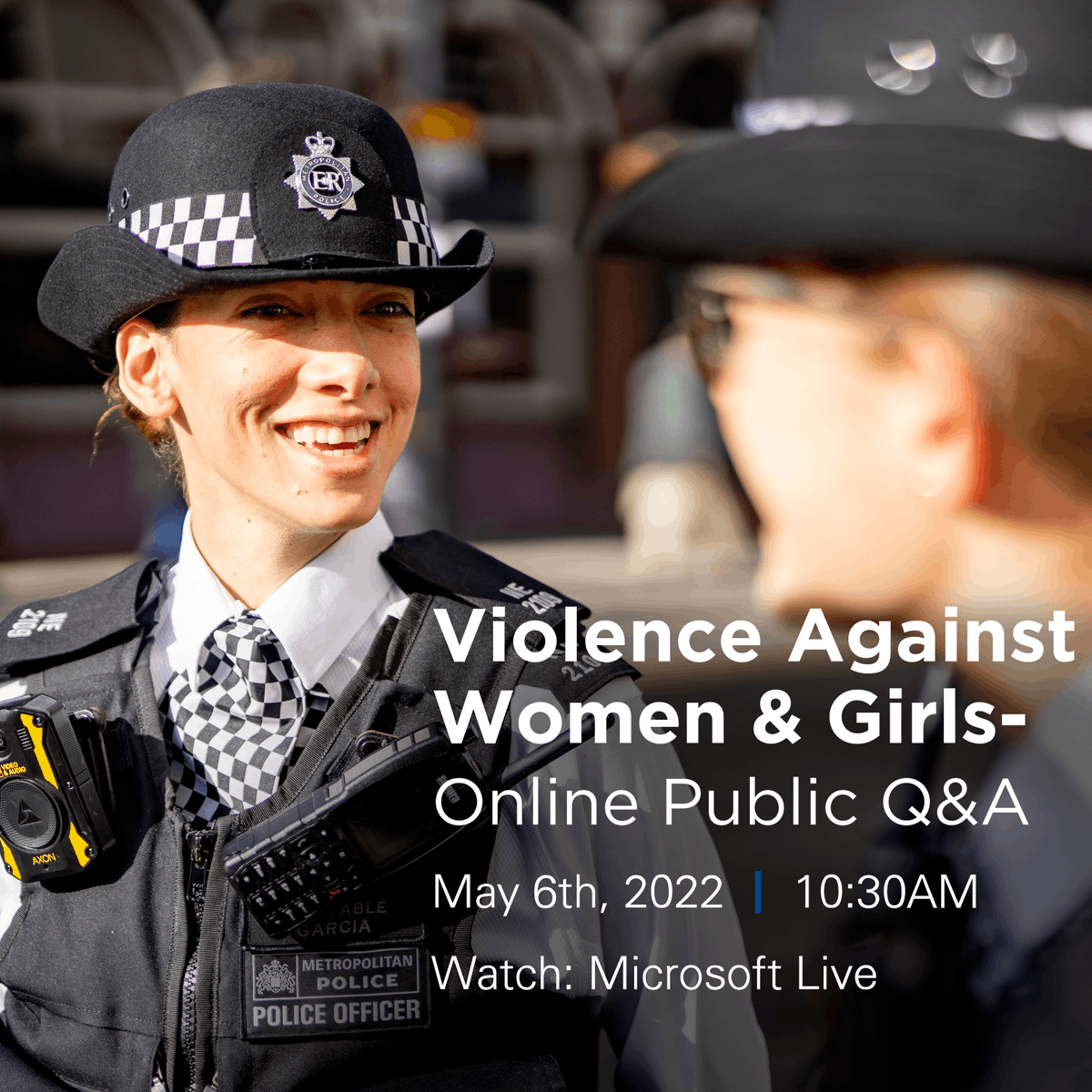 metpoliceuk's tweet photo. 🎦Join our LIVE Q&A on Violence Against Women and Girls chaired by Assistant Commissioner Louisa Rolfe.
This is your chance to directly ask senior officers on how the Met is changing and improving.
📆Friday, 6 May
⏰10:30AM
🔗https://t.co/4vcGzJXNc7 https://t.co/TBGvA25bLR