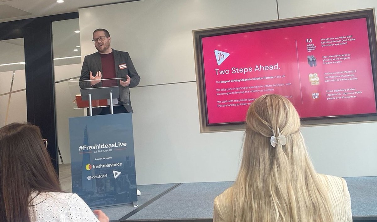 wearejh's tweet photo. This week the JH team headed up @TheShardLondon - and @jhuskisson delivered his highest-altitude talk yet to a sold-out room! 
Getting on stage is a slightly different experience when you're 26+ stories up... 😅
Big thank you to @FreshRelevance and @dotdigital for having us 🏆 https://t.co/FB2pdAw8z3