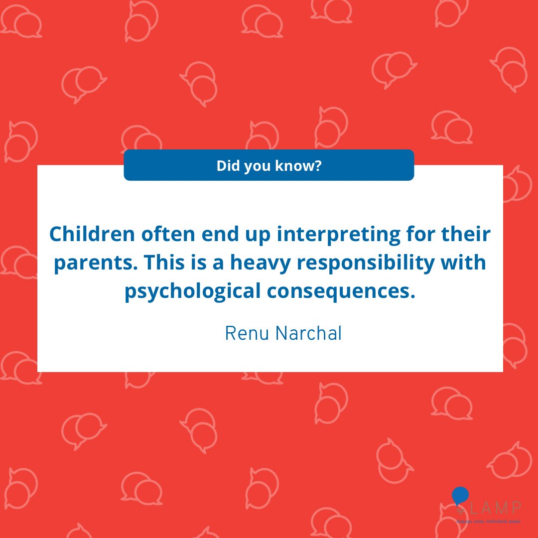 LAMPmidwest's tweet photo. Having children act as interpreters not only has psychological consequences for kids, but also disturbs the parent-child relationship.
Let kids be kids and work with a trained, professional interpreter or translator!
#1nt #cl8 #FridayFacts https://t.co/t4qhHXi3tj
