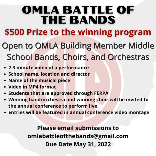 Ohio_Middle's tweet photo. One month left! First annual OMLA Battle of the Bands contest.  Building Members, enter for  to honor your middle level musicians and for the chance of a $500 prize!  Deadline 5/31/22. https://t.co/eDoPPMcIz9