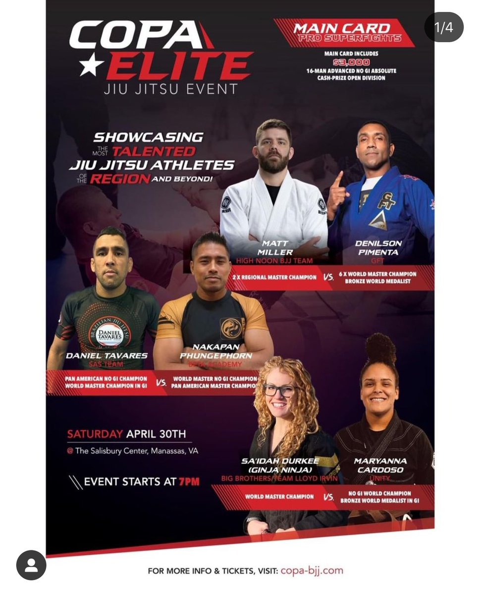 BetaAcademy's tweet photo. Good luck to Master Nak, Professor Travis, and Coach Jhimmie competing tomorrow at the COPA Elite BJJ event in VA! #betaacademydc #brazilianjiujitsu #jiujitsu #bjj #grappling #submissiongrappling #nogi #rolling #martialarts #mixedmartialarts #mma #competition #blackbelt #virginia https://t.co/NFt7MAvZVA