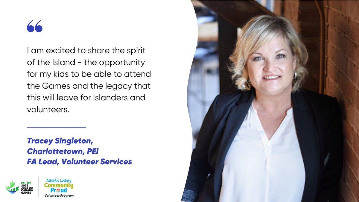 Volunteer Spotlight - Tracey Singleton!

Known for her creativity and strong leadership skills,  @TSingleton09 is excited to show off Prince Edward Island to the rest of Canada and share the Island spirit with the nation.

#2023CanadaGames #ALCommunityProud #NationalVolunteerWeek